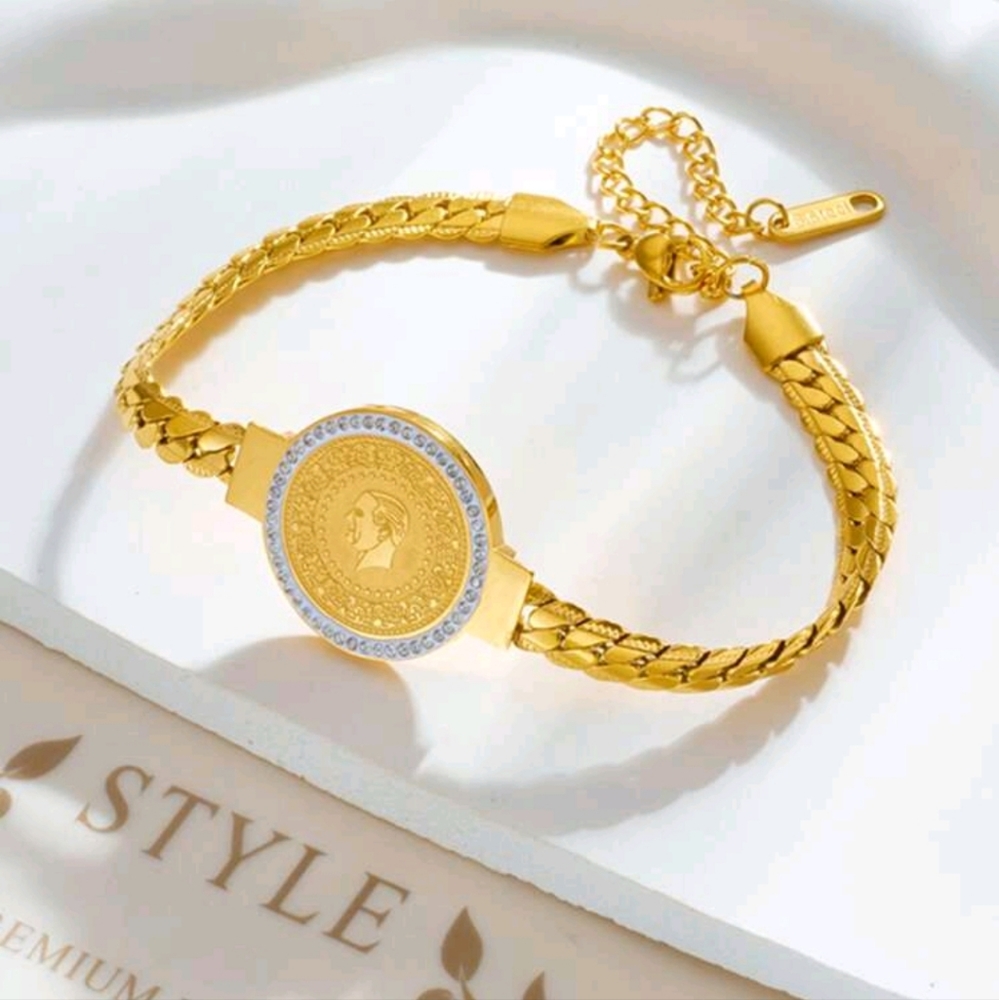 1pc Metallic Twisted Curb Chain With Round Plate & Printed Portrait & Rhinestone